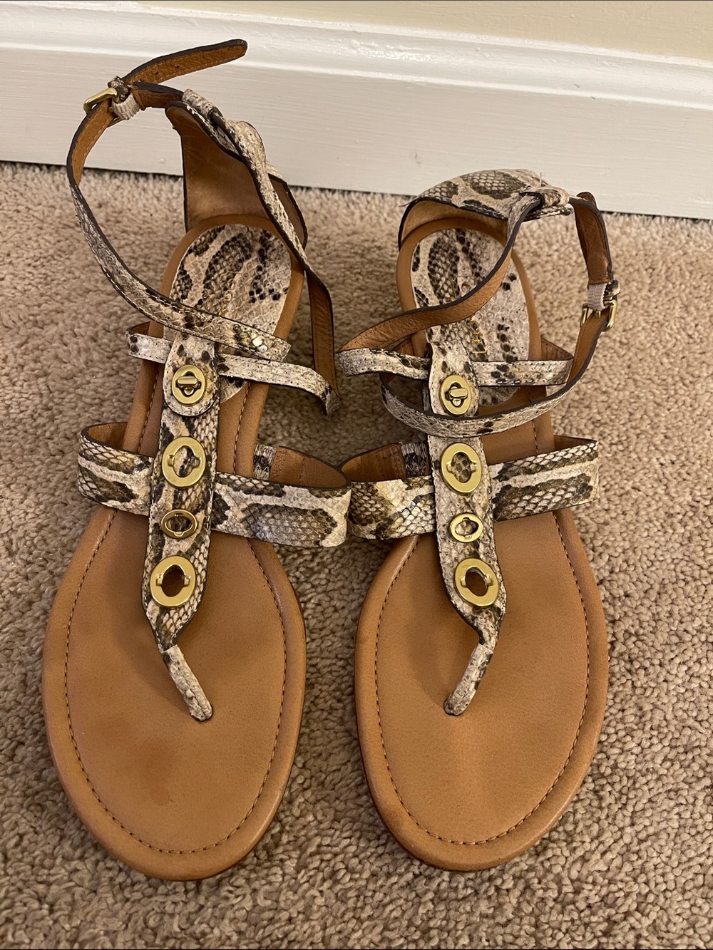 Coach Women's Snakeskin T-Strap Sandals with Gold Accents - Tan Footbed size 10
